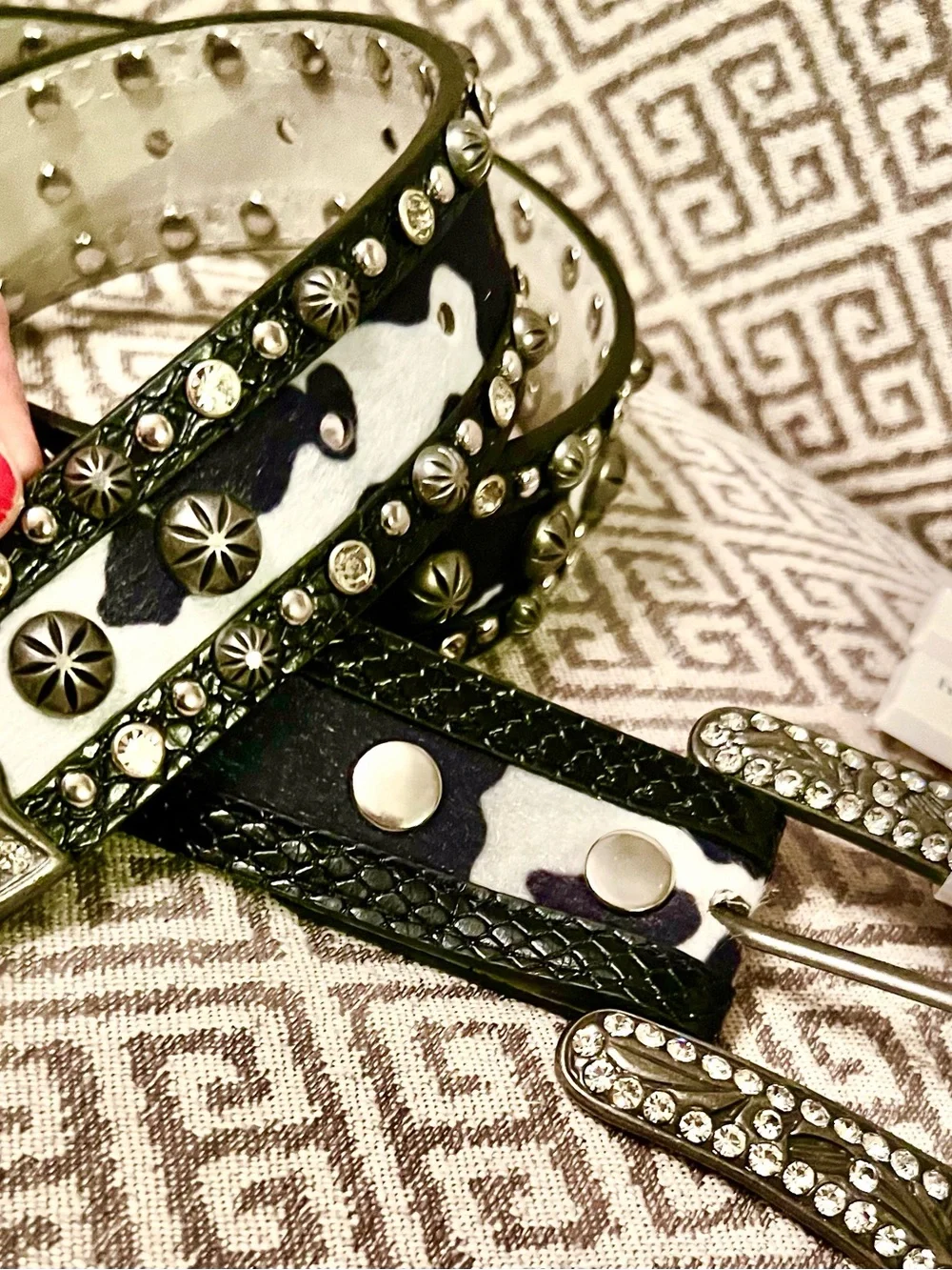 NEW Haute Hippie Black and White Studded Leather Belt with Crystal Buckle.